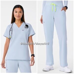 SET Figs Kade cargo scrub pants MR & Caterina scrub top S in open skies PO 5689